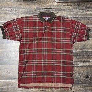 Vintage 90s Crosswinds Red Green Plaid Polo Shirt Made In USA Men Large NWOT